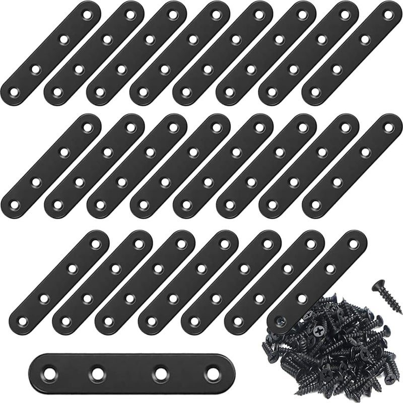 YEWLACA 24Pcs Black Stainless Steel Flat Brace Mending Plates, Sturdy Metal Repair Fixing Joining Brackets for Wood Furniture with Screws - Image 1